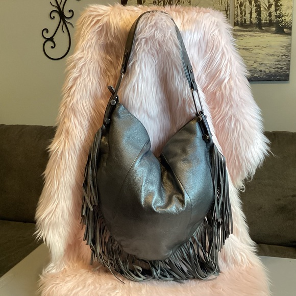 Sharif Gray Leather Hobo with Fringe and Studs - Picture 4 of 16
